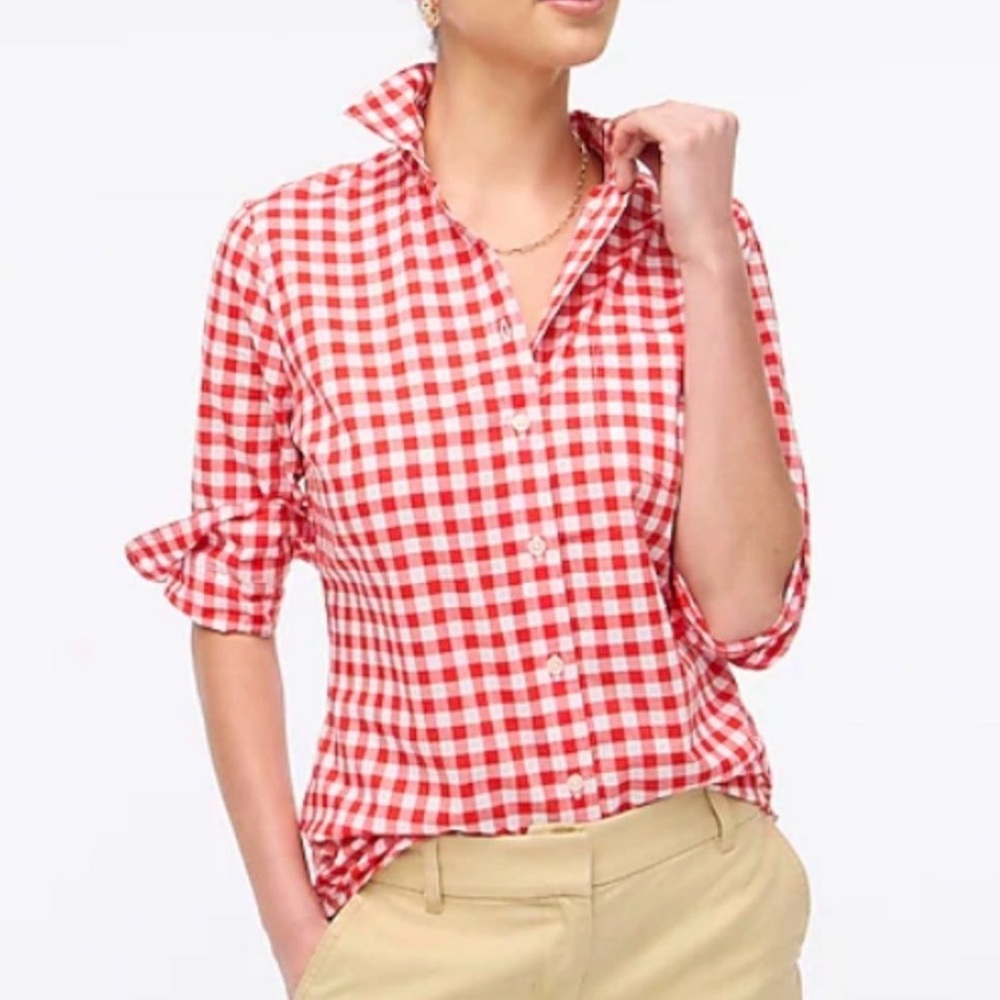 J. Crew Factory Lightweight Cotton Coral/Red and White Gingham Button-Down Shirt